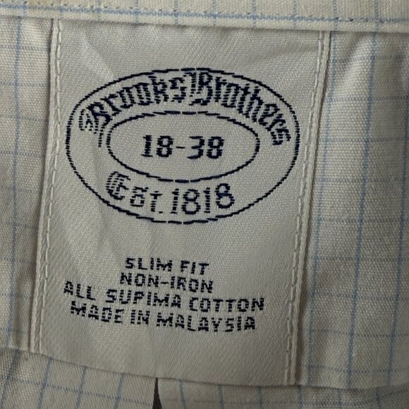 Brooks Brothers 18 38 Slim Cotton Blue Check Non-Iron Mens Long Sleeve Button Up - Picture 10 of 16